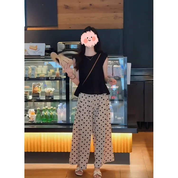 减龄无袖上衣波点阔腿裤两件套装女夏小清新高级感松驰感穿搭遮肉