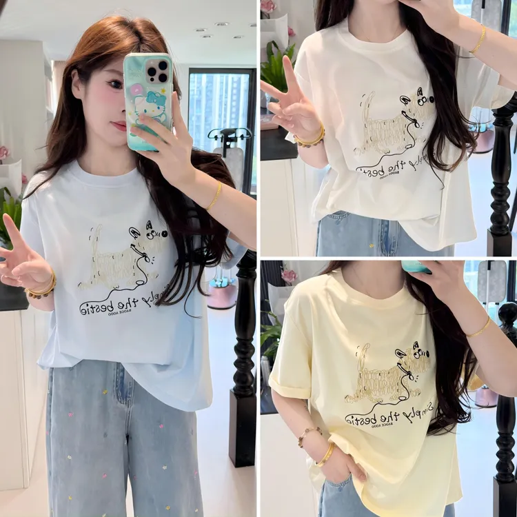 李潇洒 微胖大码夏季休闲白色宽松短袖涂鸦小狗卡通减龄凉感T恤
