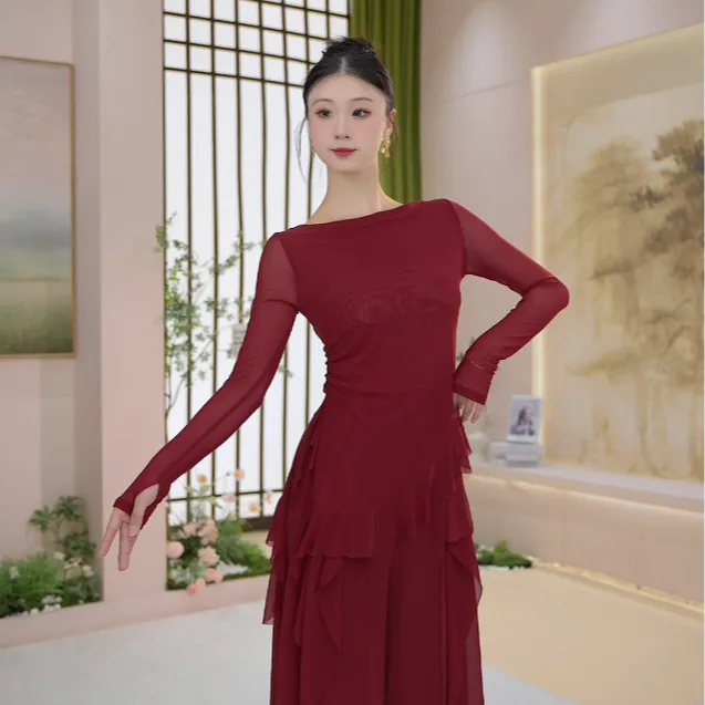 057水纱荷叶摆舞蹈服上衣修身练功服形体服长袖跳舞服秋冬新款