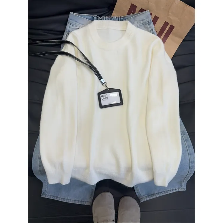 韩版高级感圆领毛衣宽松休闲百搭情侣男款针织衫轻熟风套头卫衣