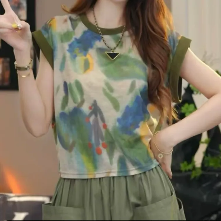 微透不规则印染宽松飞飞袖短款T恤女2025夏季新款休闲显瘦圆领