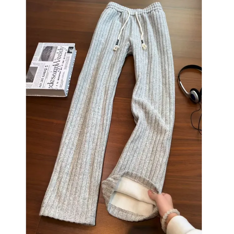 美式复古休闲加绒加厚条纹绒面直筒休闲裤男冬季新款慵懒宽松长裤