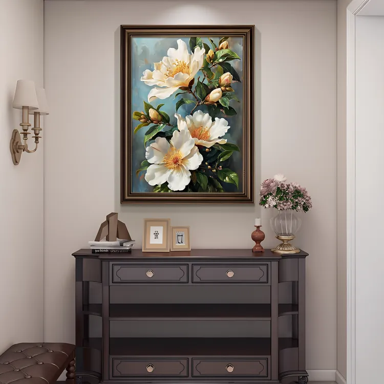 美式玄关柜装饰画山茶花复古油画2025新走廊过道挂画餐厅壁画高档