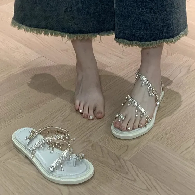 法式波西米亚风鞋子套趾夹趾凉鞋2024新款夏季平底沙滩鞋水钻珍珠