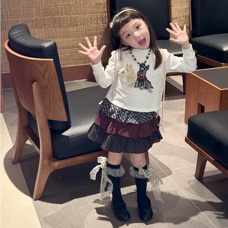 小思家2025秋季新款韩版女童套装洋气印花圆领T恤网格拼色蛋糕裙