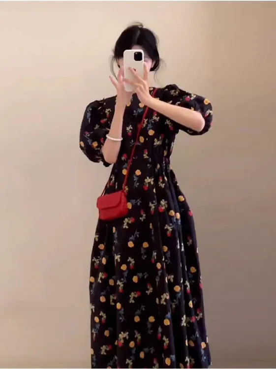 新款收腰夏季连衣裙长裙裙子遮肚女款洋气韩系显瘦衣服气质碎花裙