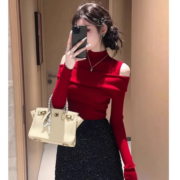 纯欲露肩纯色半高领修身显瘦毛衣针织衫女秋冬新款辣妹性感上衣潮