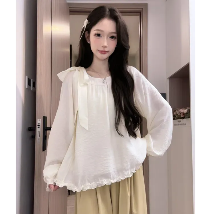 胖MM200斤夏甜美系带蝴蝶结下摆木耳边韩系减龄小衫上衣