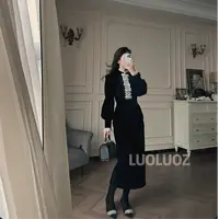 LUOLUOZ【欲望都市】高级感丝绒时尚收腰蕾丝花边长款连衣裙CC319