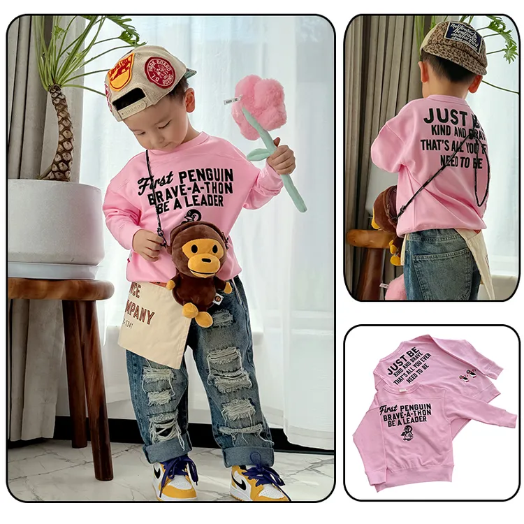 柠檬妈童装 First粉色企鹅贴布全棉毛圈卫衣春秋季男女通用百搭款