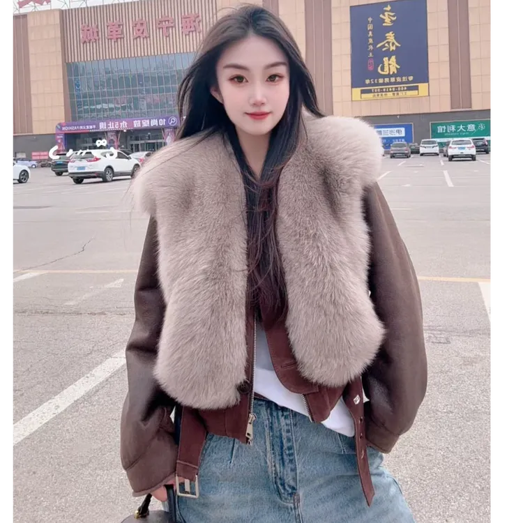 女秋冬复古毛领皮毛一体小众拉链设计款慵懒外套YY-9905