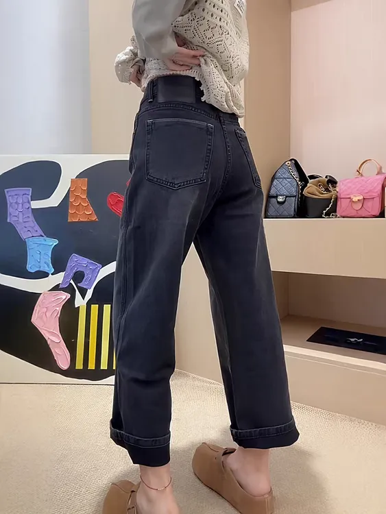 水洗黑灰直筒裤女秋季新款高腰胖MM大码宽松显瘦梨形身材牛仔裤子