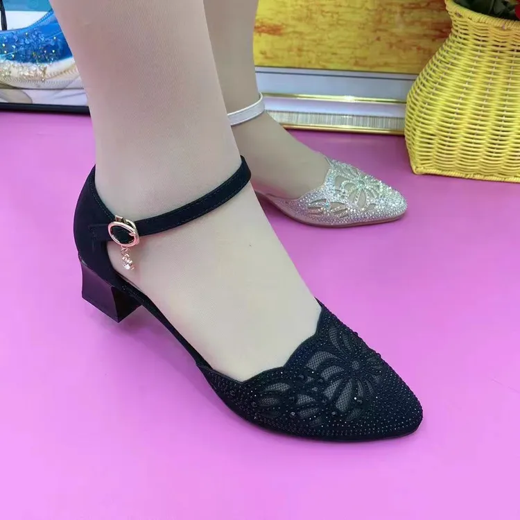 2025夏季新款凉鞋女真皮镂空网纱烫钻中空女鞋尖头粗低跟时装凉鞋