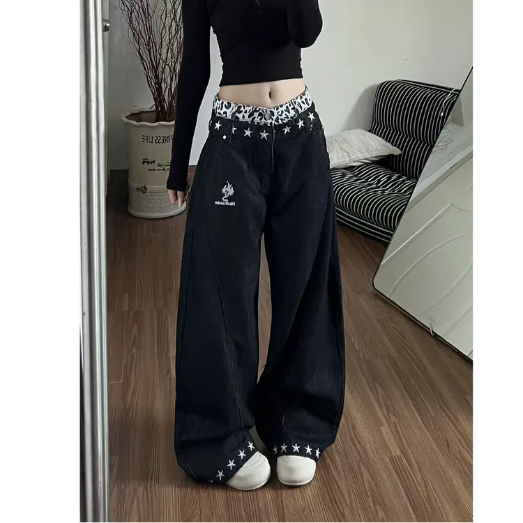 豹纹腰头拼接辣妹牛仔裤子女款2025冬季新款小众复古星星印花长裤