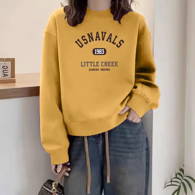 圆领套头打底衫加绒加厚卫衣女2025春秋季新款宽松韩版潮情侣外套