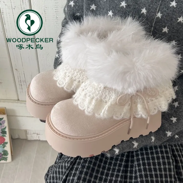 啄木鸟费尔岛毛毛厚底保暖雪地靴女款2025新款冬季加绒加厚棉靴子