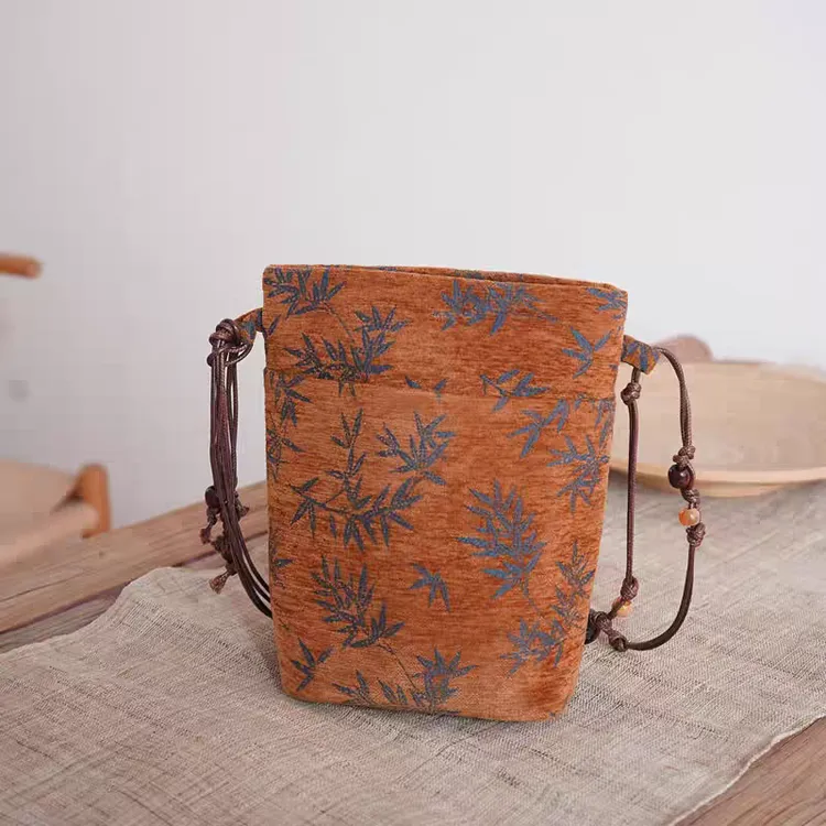 新中式文艺呢绒提花竹子双层单肩斜跨手拎包布袋文艺百搭手提包