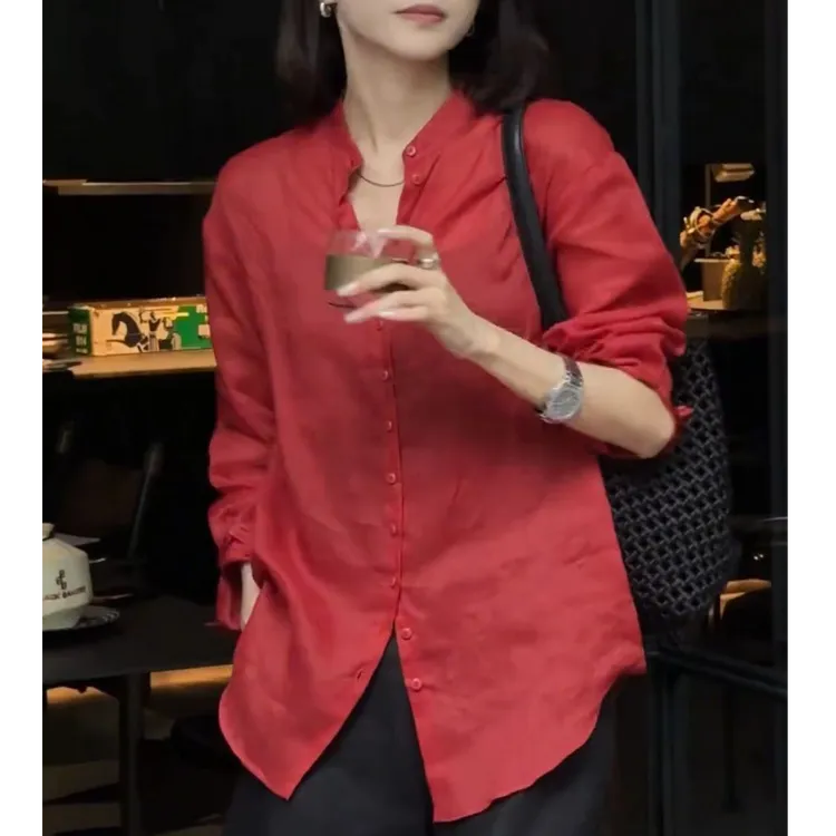 【XINRU心如】红色立领长袖衬衫女2025春夏法式薄款设计感防晒衬衣