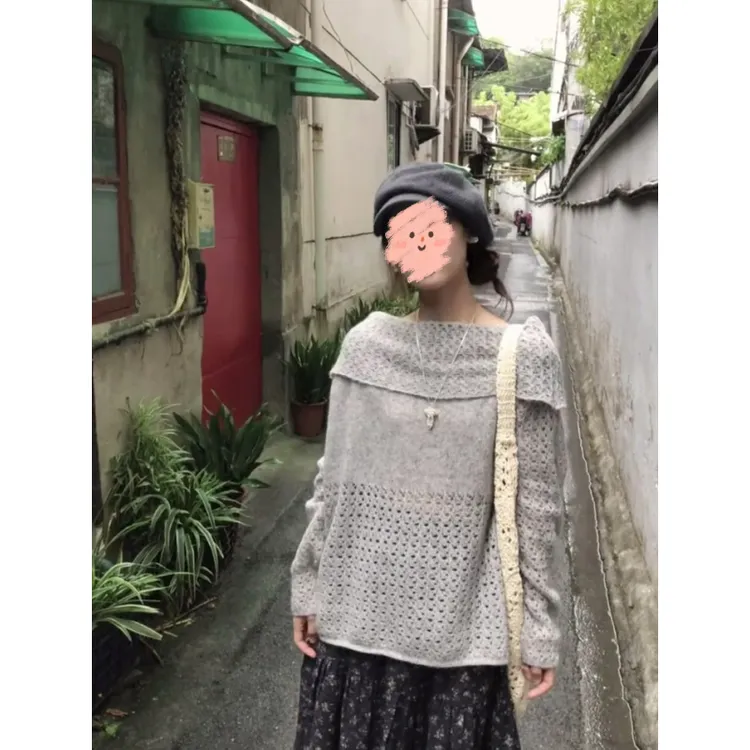 韩系镂空翻领长袖针织衫女秋季新款慵懒风宽松休闲灰色毛衣半身裙