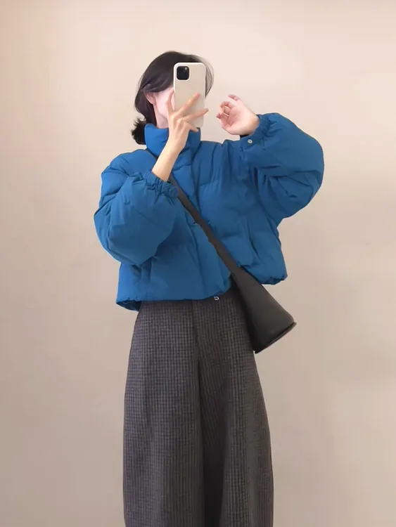 【蓝河】法式高级感气质加厚保暖宽松孔雀蓝棉服格子长裤冬新款套装