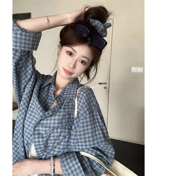 格子长袖衬衫女2025新款设计感小众开衫上衣衬衣休闲百搭秋季复古