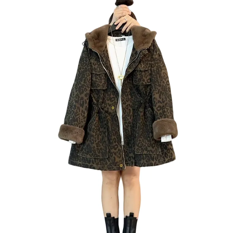 大维罗依YLY欧货连帽内里加绒收腰中长款豹纹牛仔派克服