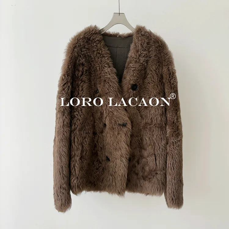 以赛亚 香醇摩卡 慵懒风托斯卡纳皮毛一体短款双排扣皮草外套8821