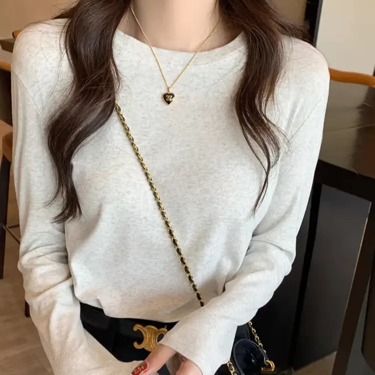 洋气秋季韩版显瘦百搭圆领修身内搭纯色打底衫女装长袖T恤套头