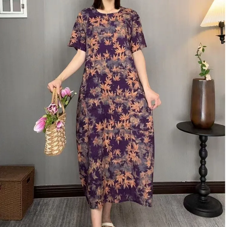 2025 新花色棉麻欧韩版茧型中长款连衣裙