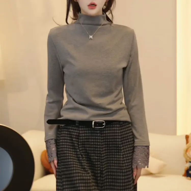 时尚百搭重工设计感高领绣花拼接长袖内搭打底衫T恤上衣LK2508413