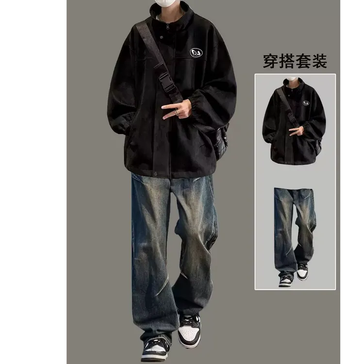 男生秋冬穿搭个性 cleanfit 小众高级感高知感外套牛仔裤套装193