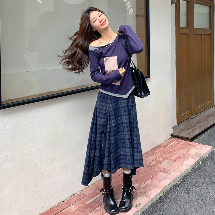 复古慵懒风不规则套装女2025秋新款撞色露肩上衣格纹半身裙两件套