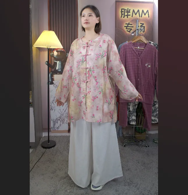 纯棉加长大码国风睡衣短袖九分阔腿裤宽松胖mm200斤新中式家居服