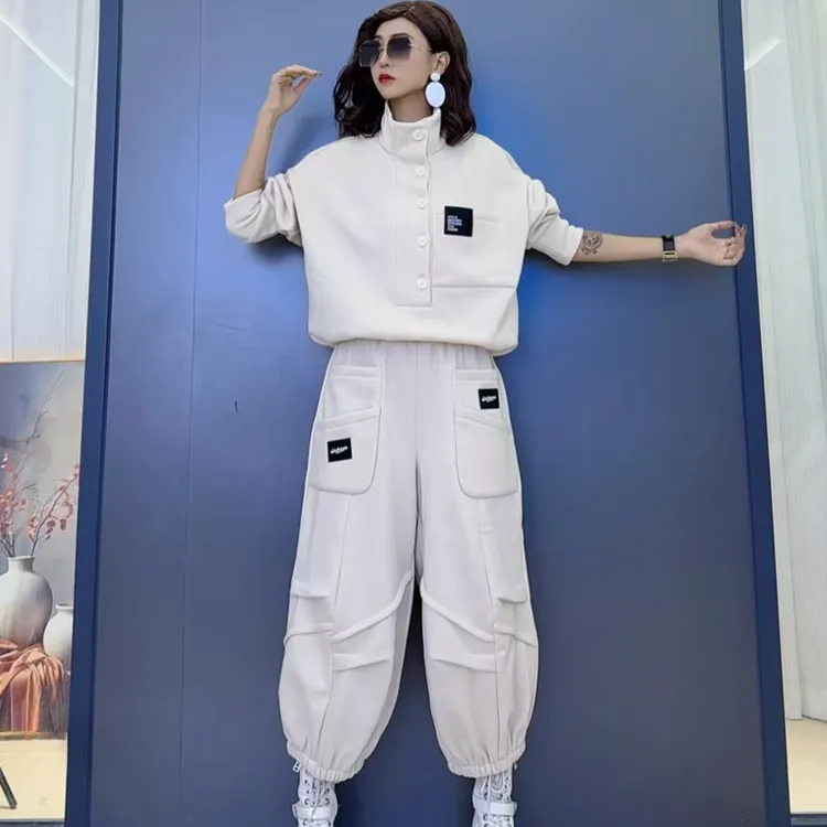 秋冬潮流立领韩版长袖加绒卫衣-休闲气质洋气时尚宽松阔腿灯笼裤