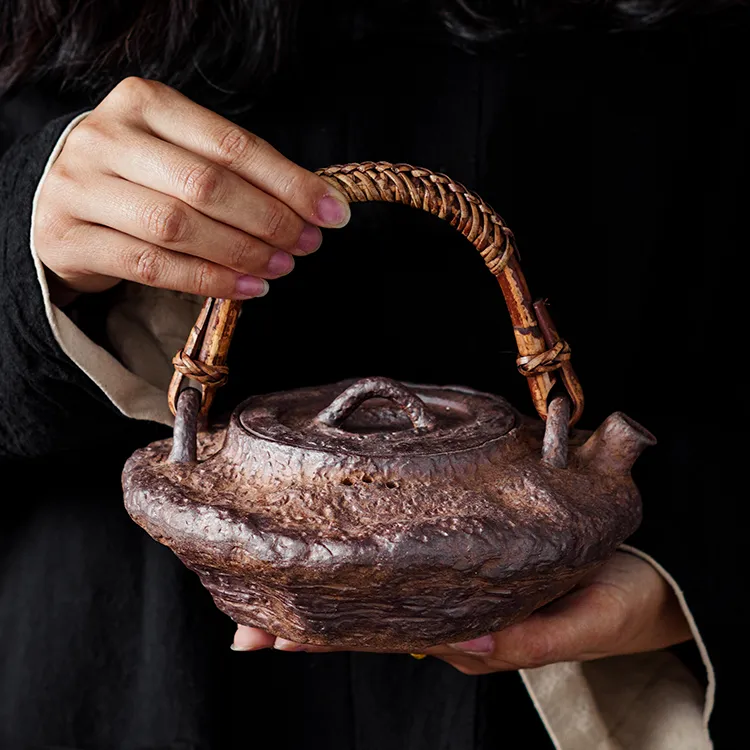 岩矿陶泥石韵扁提梁藤把煮茶壶石纹肌理功夫茶道炭火电陶炉烧水壶