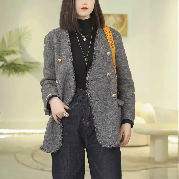 2025早春新款羊毛小香风双面呢大衣女中长款毛呢外套气质 8058