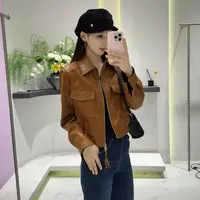 【格子家】小翻盖皮衣秋新款时尚百搭潮流显瘦洋气宽松短外套1126