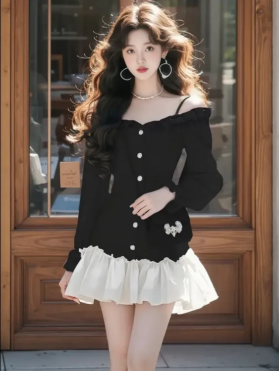 富家千金高级感黑色连衣裙女2025春季新款收腰显瘦漂亮拼接短裙子