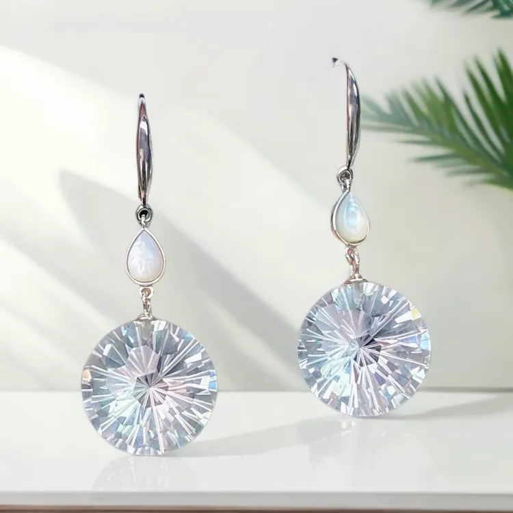 天然白水晶耳坠烟花切耳钩款全净体15mm超闪耳钩