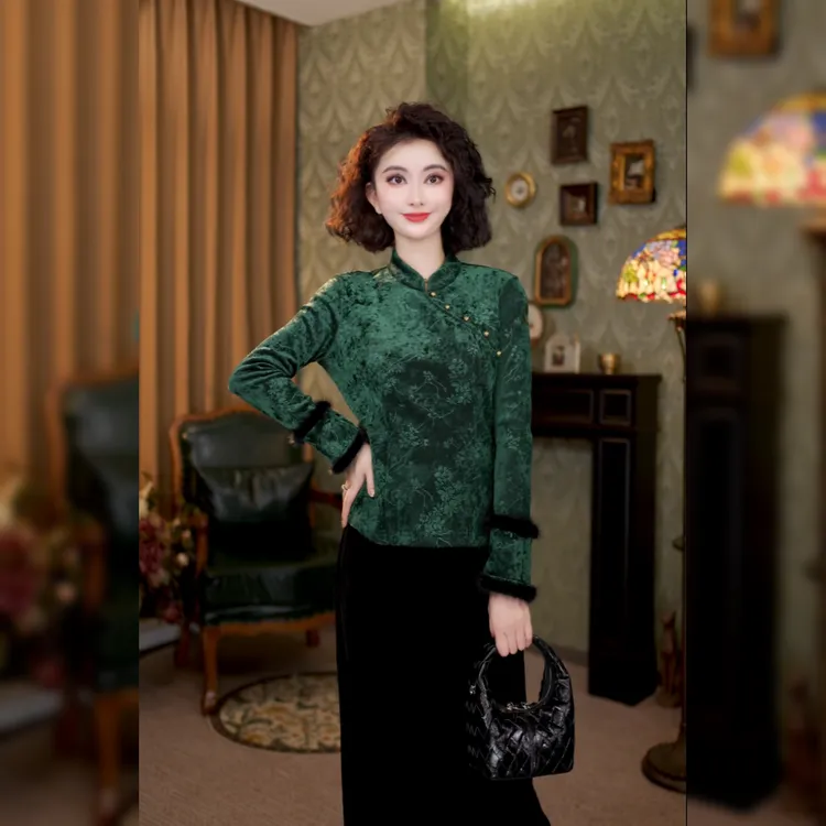 新中式烧花丝绒女秋冬2025新款修身显瘦休闲设计感小衫LY-F9992