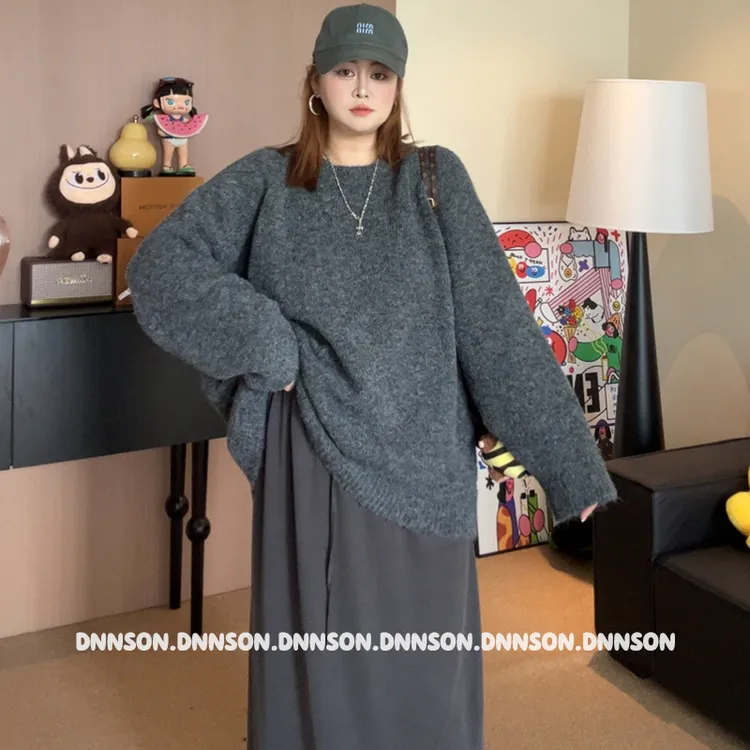 【大妮妮】大码圆领套头毛衣2025新款纯色宽松秋冬毛衣上衣3002