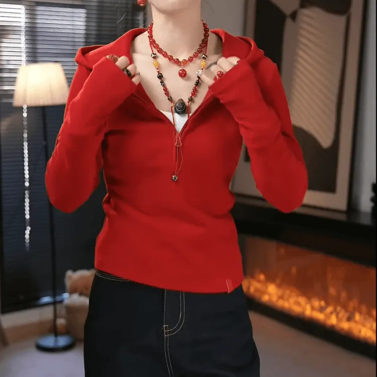 双面德绒锁温自发热轻暖半拉链连帽卫衣2025新款秋冬休闲纯色上衣