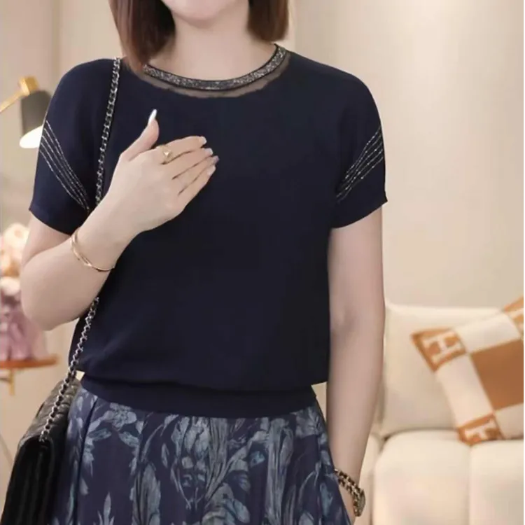 爆款镶钻圆领上衣女夏季宽松显瘦短袖针织打底衫气质百搭洋气T恤