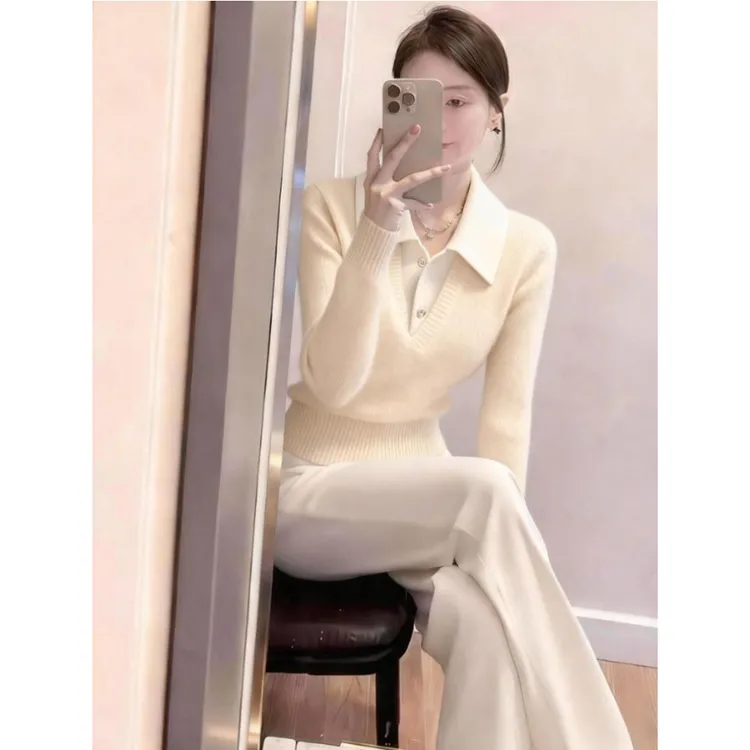 轻熟风气质翻领长袖针织衫女秋冬新款软糯内搭慵懒高级感打底毛衣