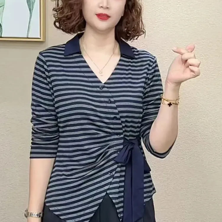2025秋季新品时尚翻领条纹长袖洋气百搭减龄绑带显瘦女士气质上衣