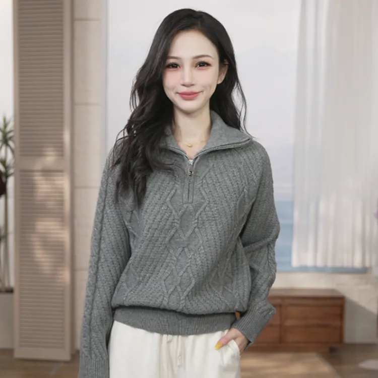 【年终狂欢购】茵曼25冬季复古针织拉链高领纯色百搭毛衣针织衫