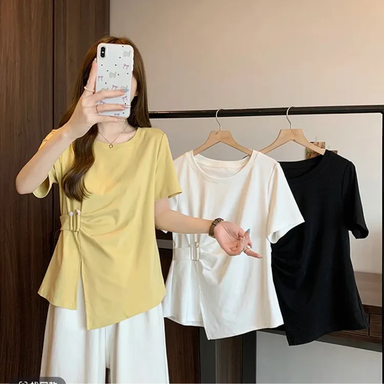 【奶洛】2025夏季设计感小众开叉短袖T恤女不规则遮肚子显瘦上衣
