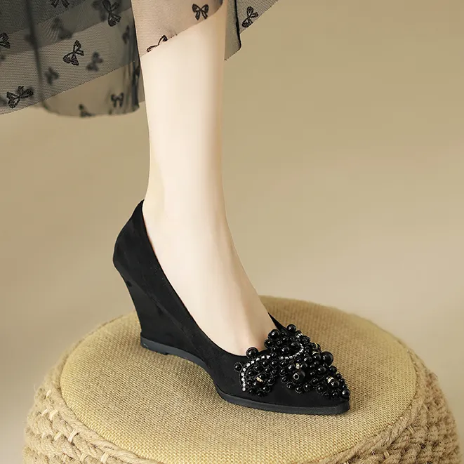 坡跟高跟鞋女法式尖头气质时尚黑色珍珠浅口舒适软底上班工作单鞋