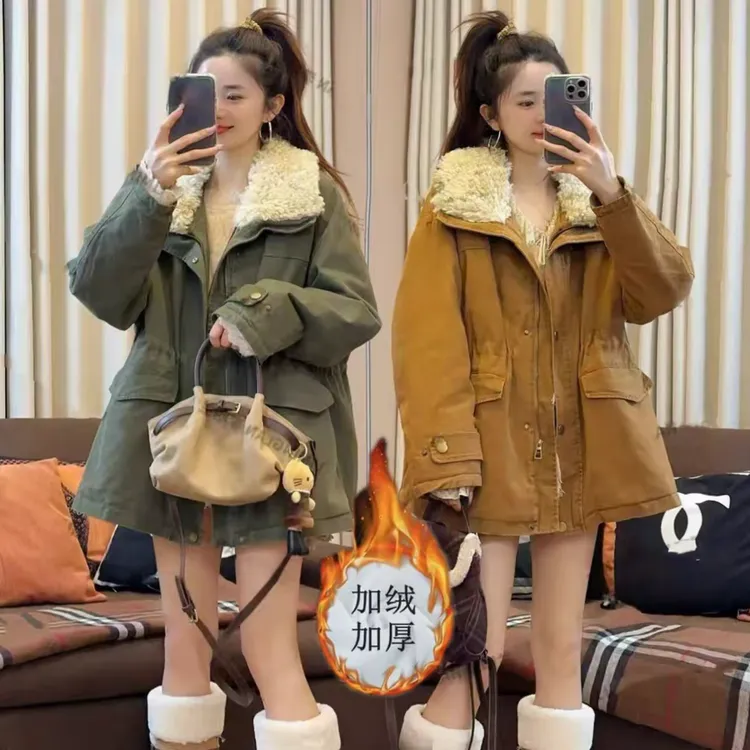 时尚百搭羊羔毛派克服女2025冬季新款加绒加厚保暖中长款工装外套