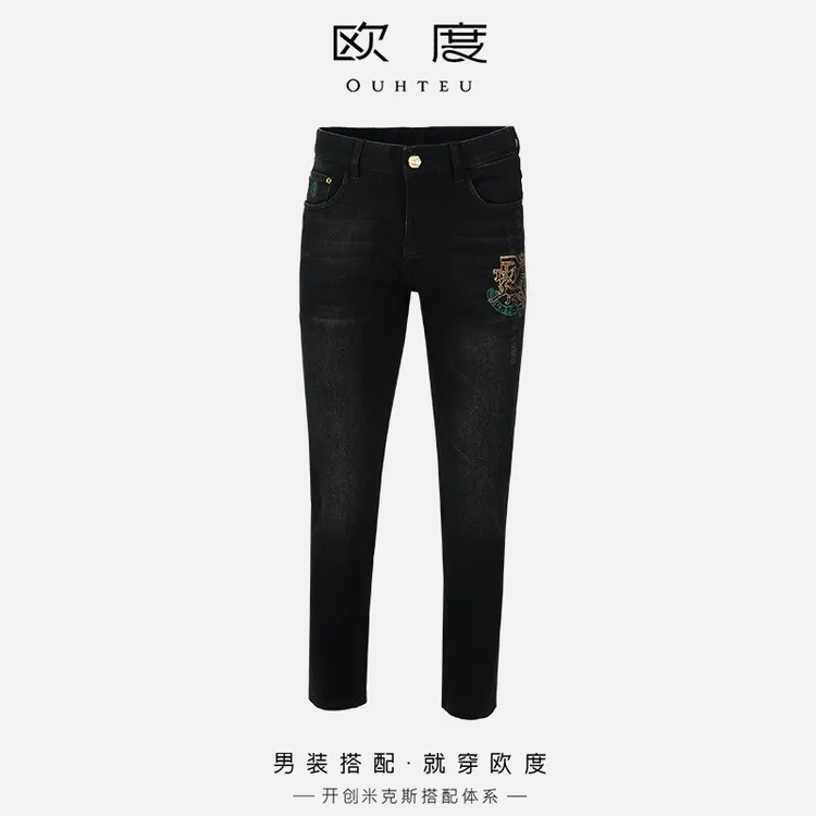 OUHTEU/欧度【瑞豹飞天】25秋冬新款彩色烫钻时尚休闲牛仔裤男7652